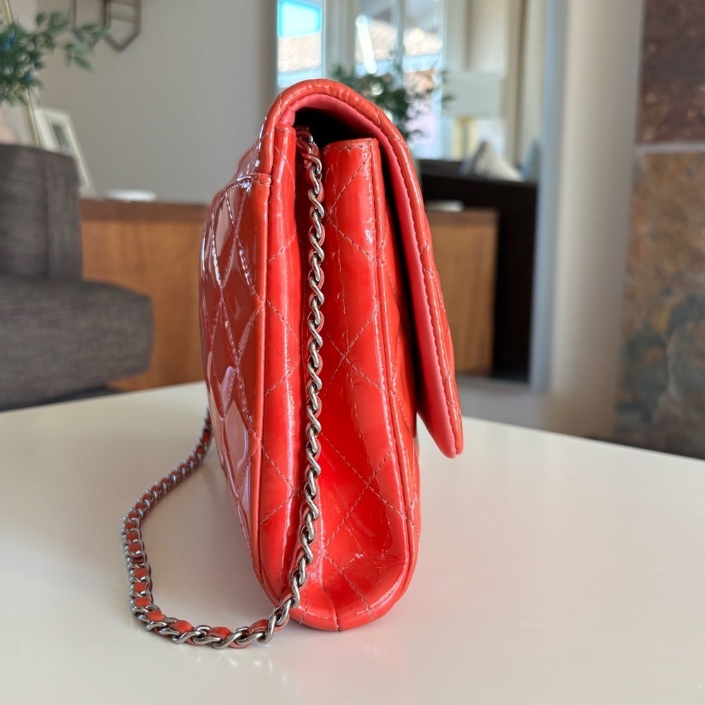 Chanel CC Quilted Patent Flap Clutch Chain Orange Silver Shoulder Bag Purse - Picture 5 of 16